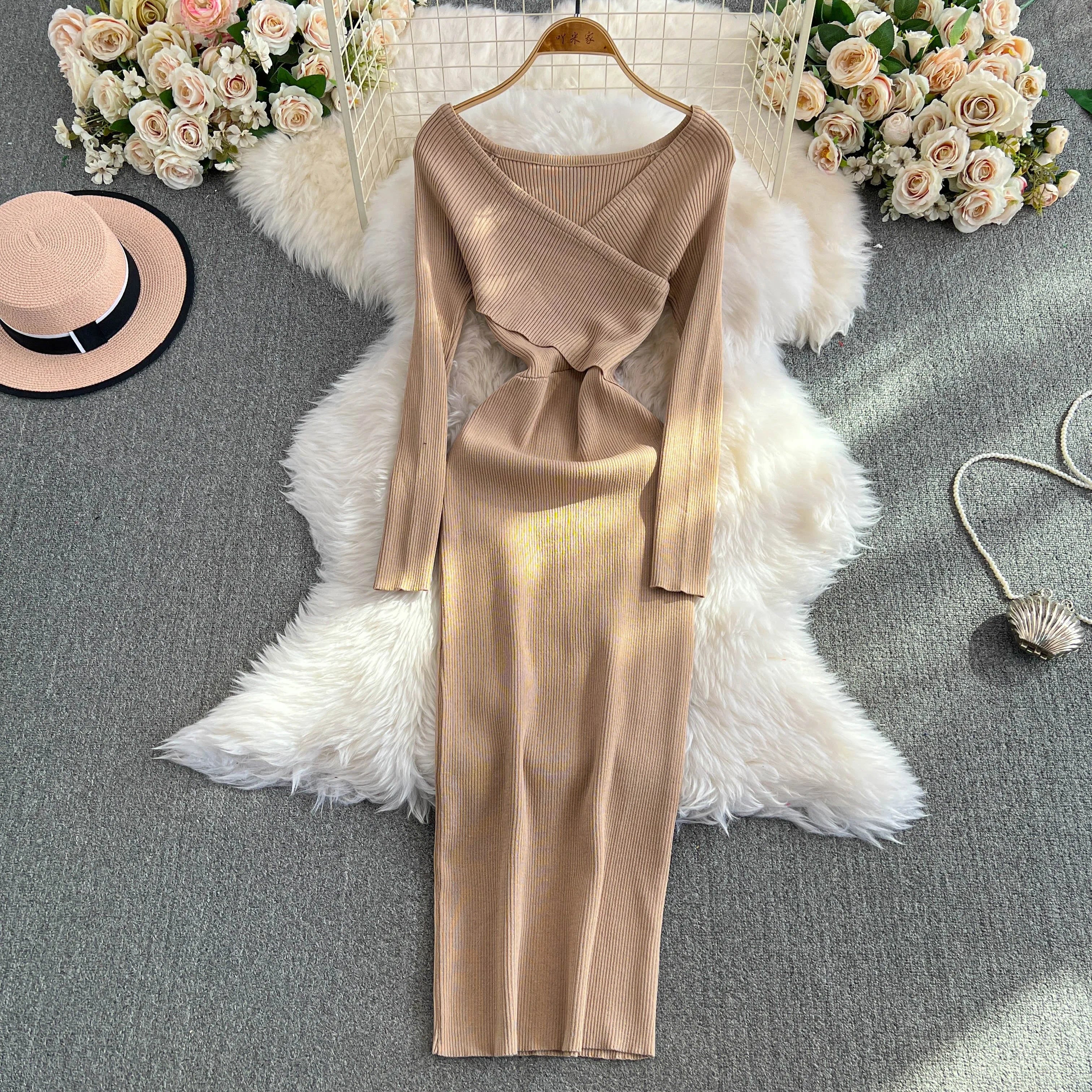 Women's Wrapped Hip Bodycon Waist Show Thin Long Sleeve V-Neck Bottom Dress