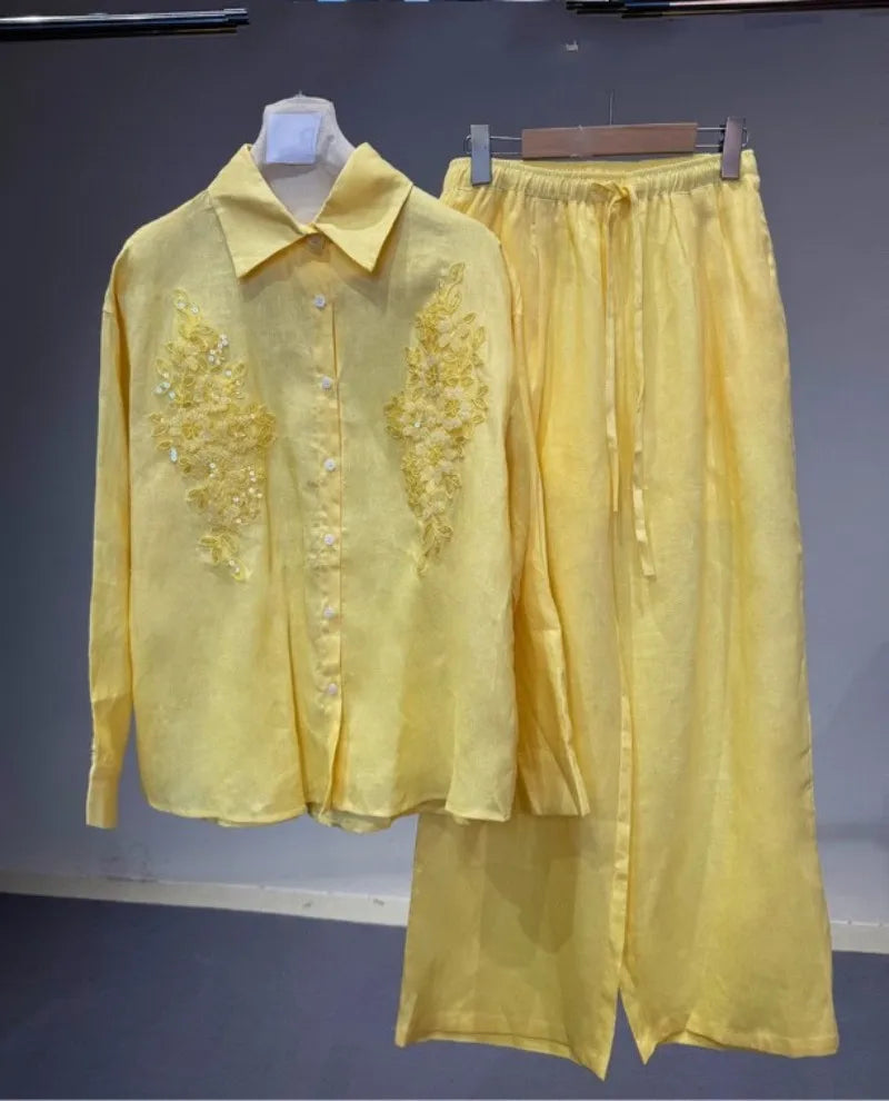 Spring Summer Women Embroidered Linen Sets Loose Fit Long Sleeve Shirt Outfits Elastic Waist Wide Leg Floor Pants Two Piece Set