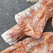 Retro bohemian paisley print dress with long lantern sleeves and high quality belt