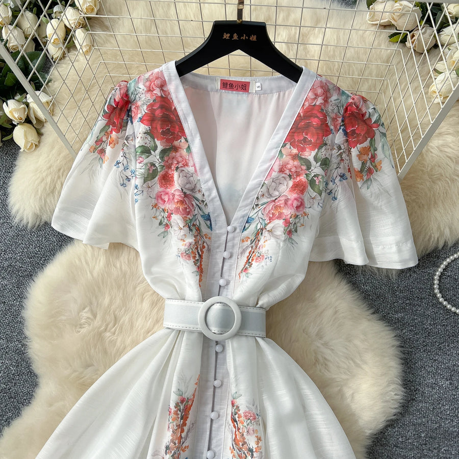 Elegant vintage V-neck button long floral evening dress high quality