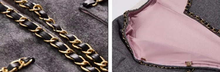 Designer Women Slim Fit Chain Woolen Tweed Jacket Shorts Two Piece Set Vintage Autumn Fashion Matching Sets High Quality Suits