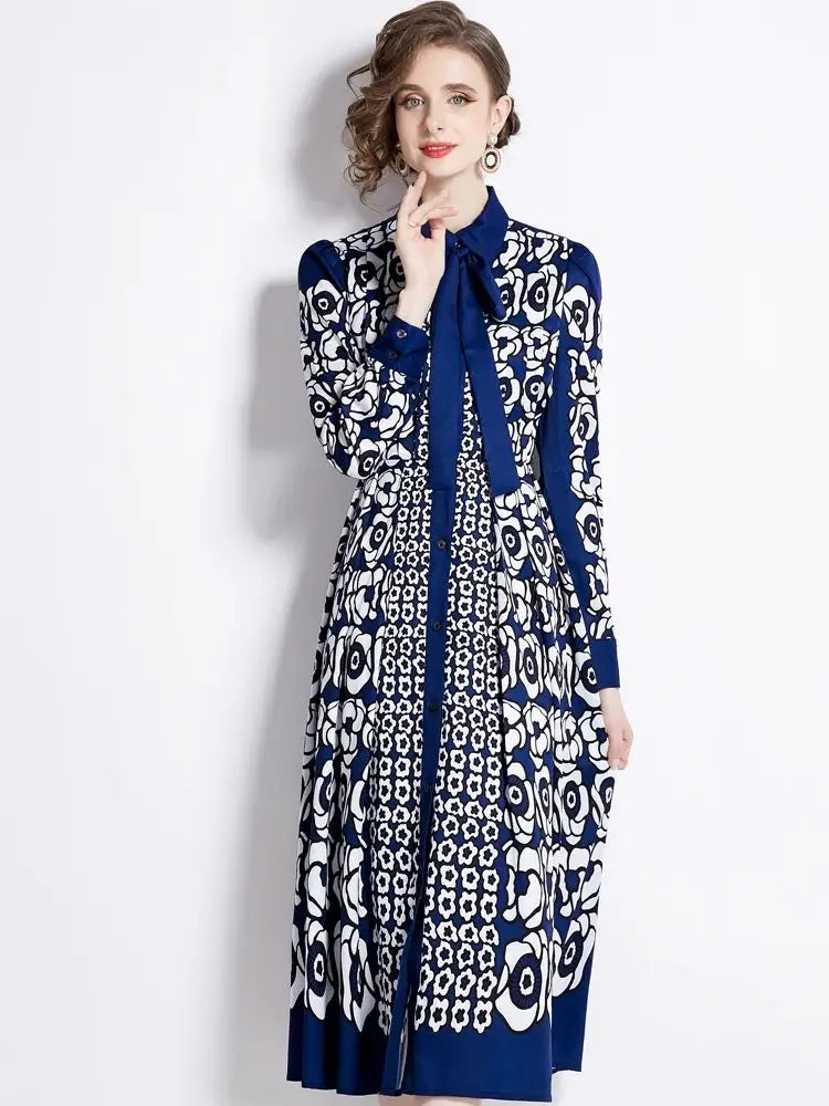 High Quality Long Sleeve Bow Neck Flower Print Elegant Dresses