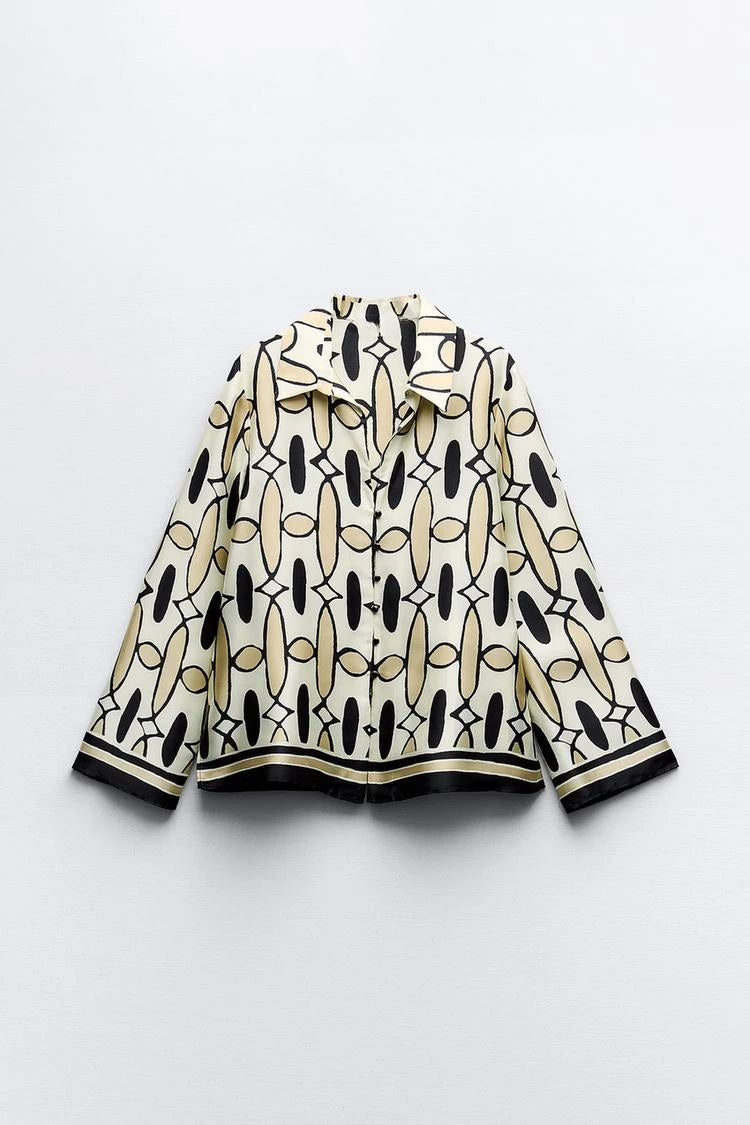 Women's Geometric Print Shirt Pants Suit V-neck Long Sleeves Top High Waist Hidden Zip Straight Leg Pants Female Chic Set