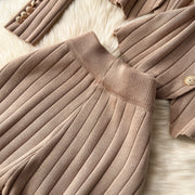 Senior Knitted Suits Fashion Metal Button Vest+V Neck Long Sleeves Cardigans+Wide Legs Pants Stripe Three Pieces Sets