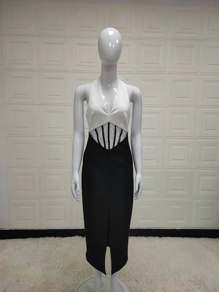 Women'Black White Contrast Color Hanging Neck Sexy Dress Pure Desire Temperament High Fashion Free Shipping