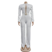 Elegant Hollow Out Turtleneck Long Sleeve Slim Fit Jumpsuit with Belt High Quality