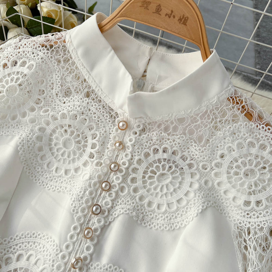 Vintage Flowers Embroidered Hollow Out Lace Dress High Neck Long Lantern Sleeve High Quality Pearl Buttons