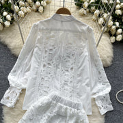 Retro Two Piece Set Hollow Out Long Sleeve Shirt+High Quality Mini Skirts