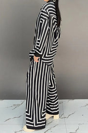 High quality striped long sleeve top+loose pants two piece set