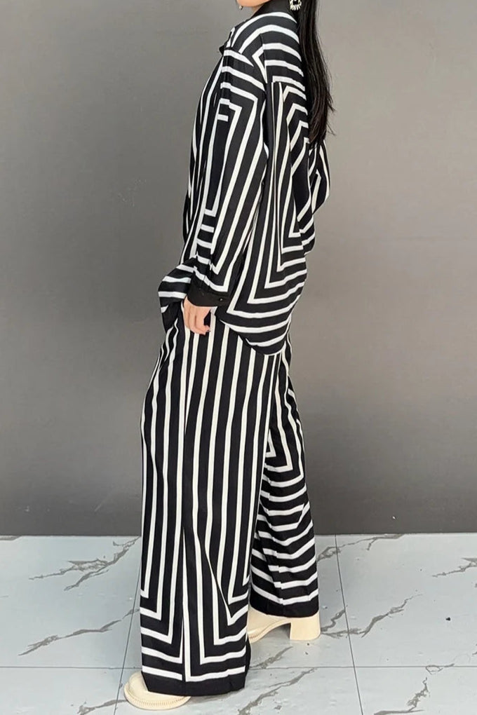 High quality striped long sleeve top+loose pants two piece set