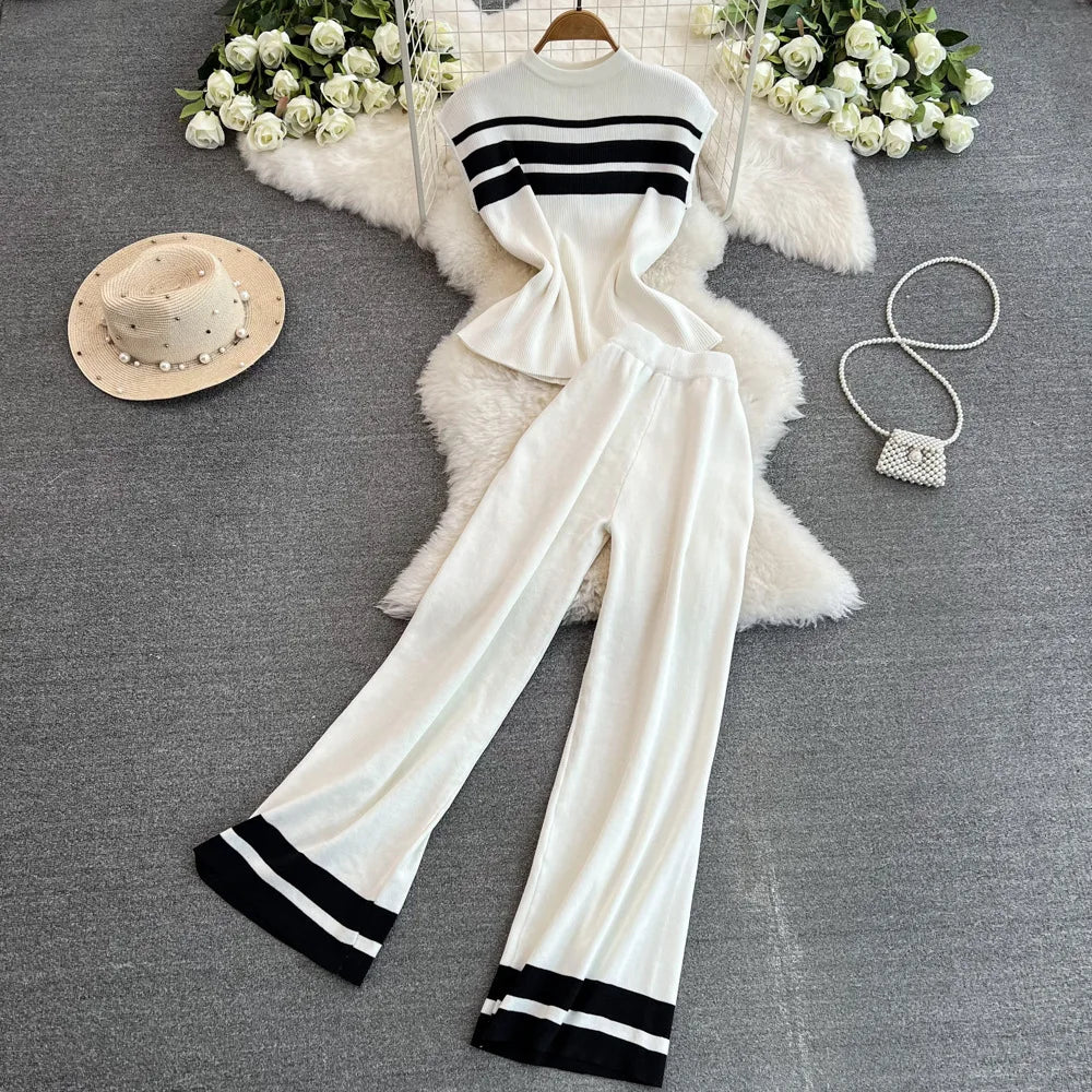 Pant Set Women Two Piece Sets Matching Sets Sleeveless Knitted Slim Fit Tops Wide Leg Long Pants High Elastic Waist Casual