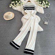 Pant Set Women Two Piece Sets Matching Sets Sleeveless Knitted Slim Fit Tops Wide Leg Long Pants High Elastic Waist Casual