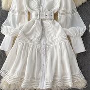 High Quality Stand Collar Puff Long Sleeve Button A Line Short Dress