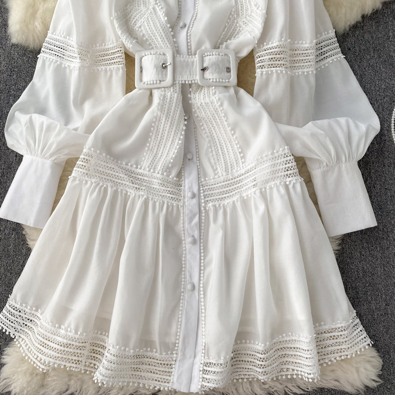 High Quality Stand Collar Puff Long Sleeve Button A Line Short Dress