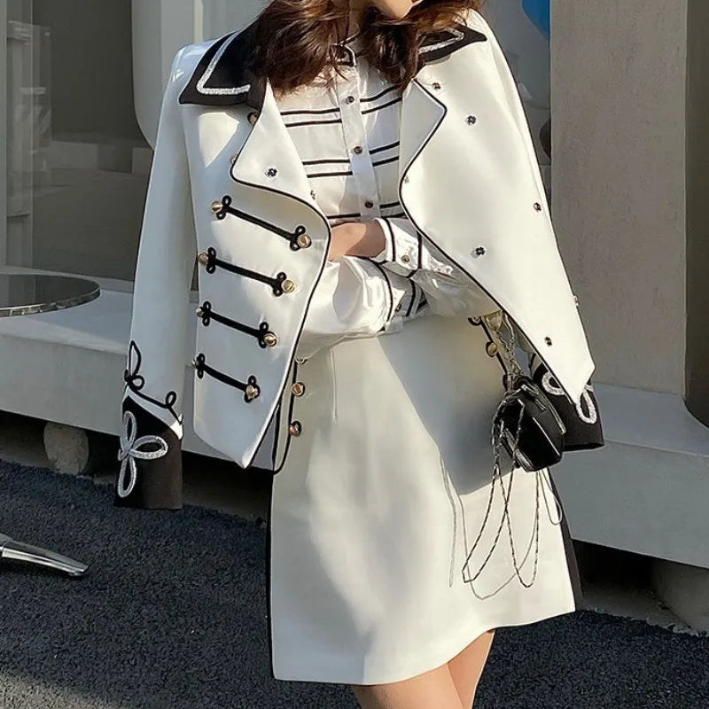 British Style Office Ladies White Suit Jacket Skirt Two Piece Set Slim Fit New Designer Jacket A-Line Skirt Women Matching Set