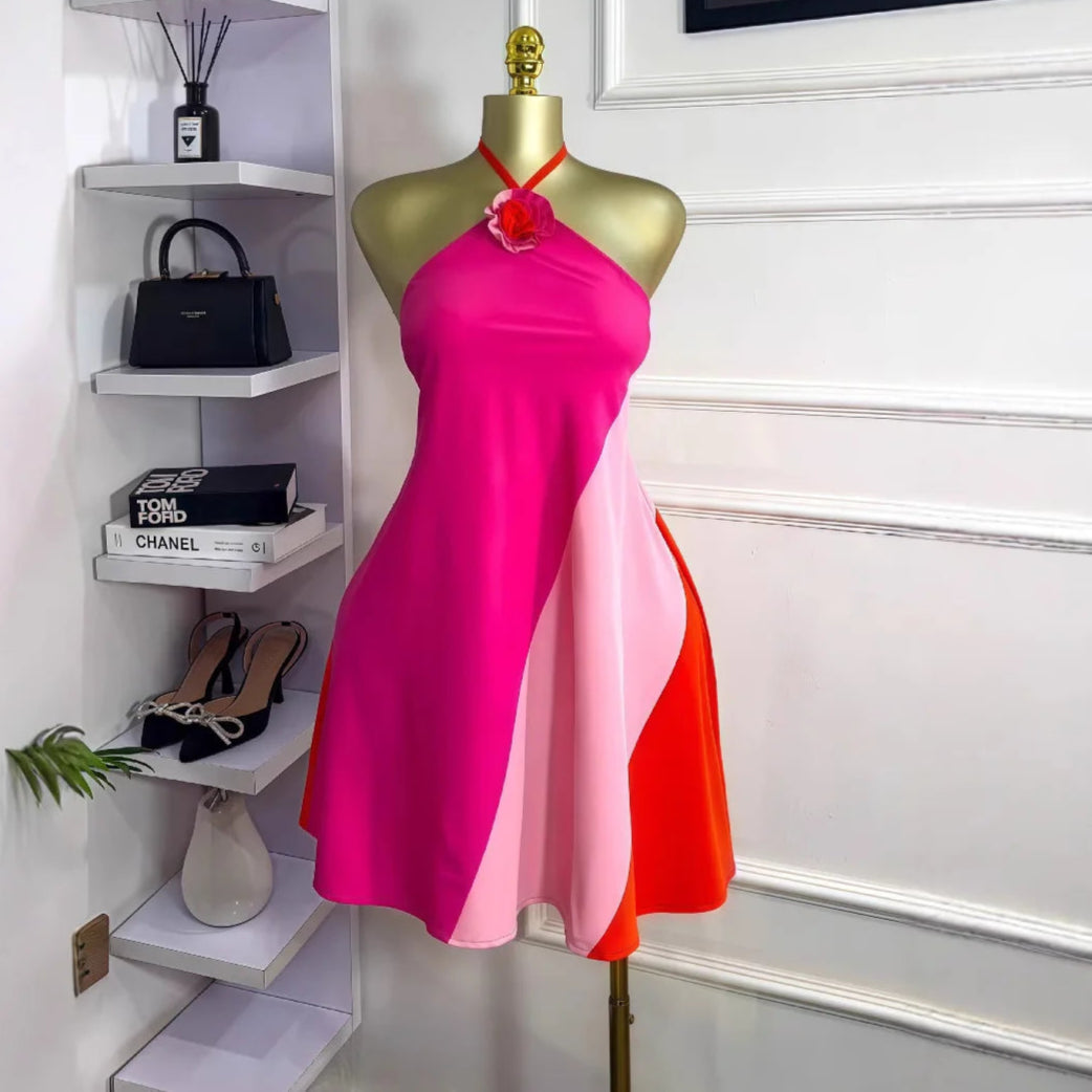 Women's Sexy Halter Neck Backless Floral Appliques A-Line Mini Dress
