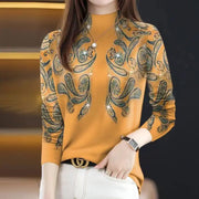High quality half-high collar splicing print slim-fitting versatile casual long-sleeved top
