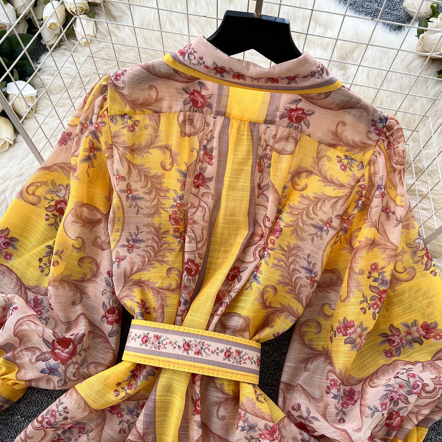 High quality French vintage style elegant button print maxi dress