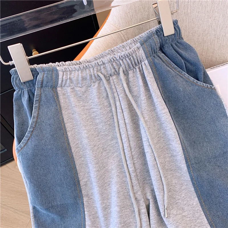 Summer New Stitched Zipper T-shirt top Female Set Elegant Women's Jeans Casual Blouse Two Piece Set Ladies Tracksuits big