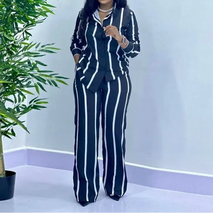 High Quality Striped Long Sleeve Button Wide Leg Pants Two Piece Set