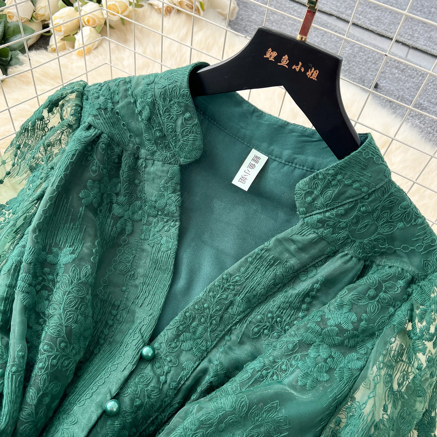 High-end vintage elegant V-neck long-sleeved dress