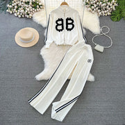 Two-piece set, high-neck sweater with zipper and high-quality wide-leg pants