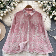 Basic loose long-sleeved polo-neck blouse embroidered with flowers and French-style hook