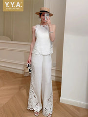 Female New High Waist Linen Sets Thin Pant Outfits O-Neck Elegant Sleeveless Tops Hollow-Out Embroidery Women Two-Piece Vest Set