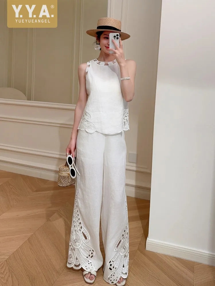 Female New High Waist Linen Sets Thin Pant Outfits O-Neck Elegant Sleeveless Tops Hollow-Out Embroidery Women Two-Piece Vest Set