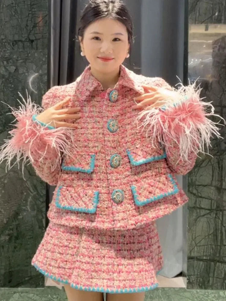 Women Auutmn Winter Sweet Feather Single Breasted Tweed Short Jacket High Waist A-Line Skirt Offce Ladies Fashion Two Piece Set