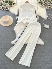 Two-piece set, high-neck sweater with zipper and high-quality wide-leg pants
