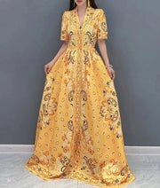Elegant long dress with short sleeve print with high quality belt