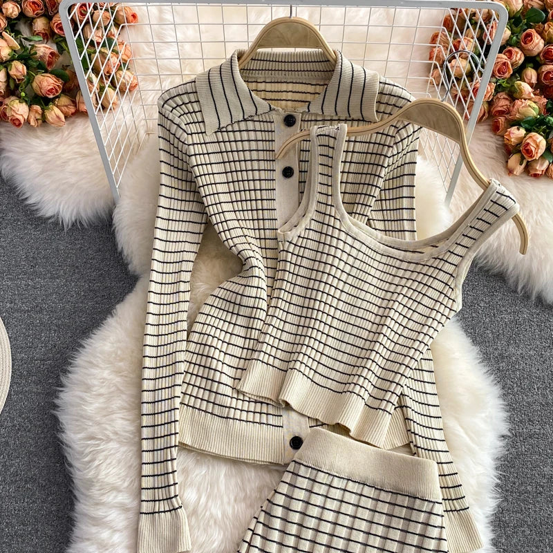 3-piece set knitted set tube skirt + high-quality knitted cardigan