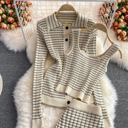 3-piece set knitted set tube skirt + high-quality knitted cardigan