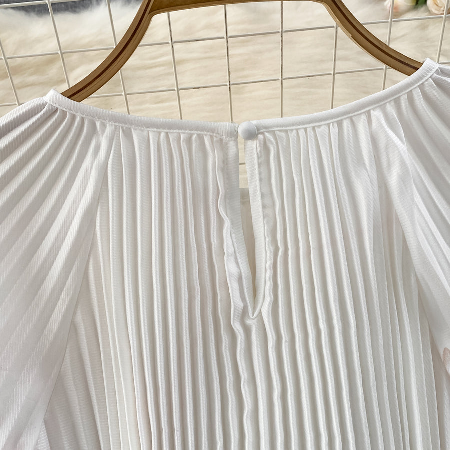 High Quality High Waist Short Sleeve Color Print Pleated O-Neck Dress