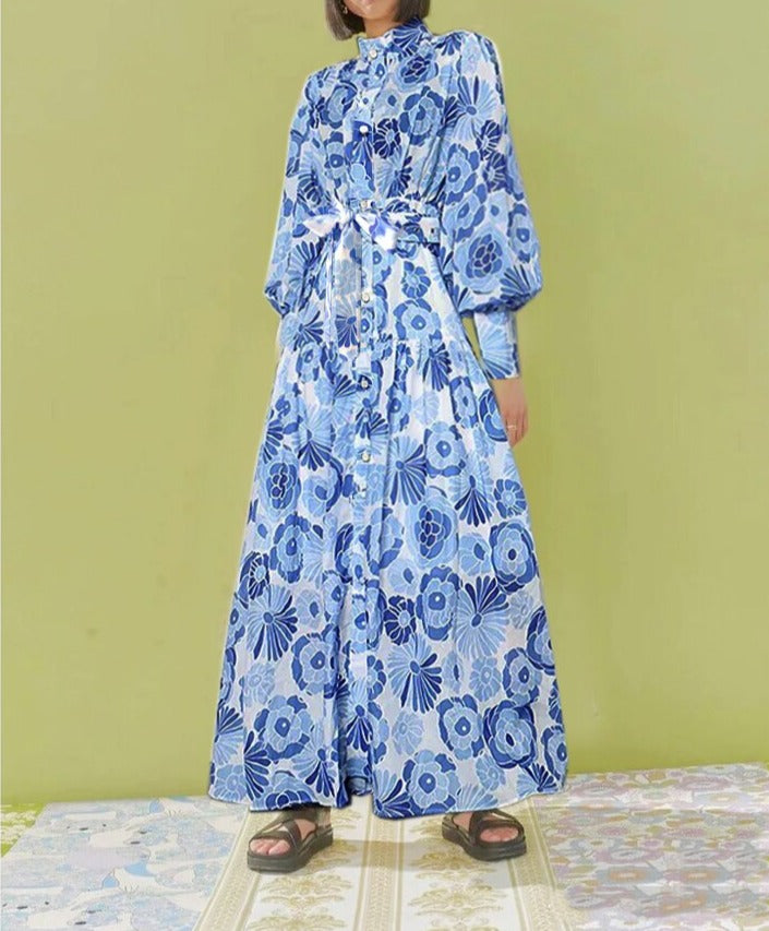 Floral Print Stand Collar Long Sleeve High Waist Slimming One Button High Quality Maxi Dress