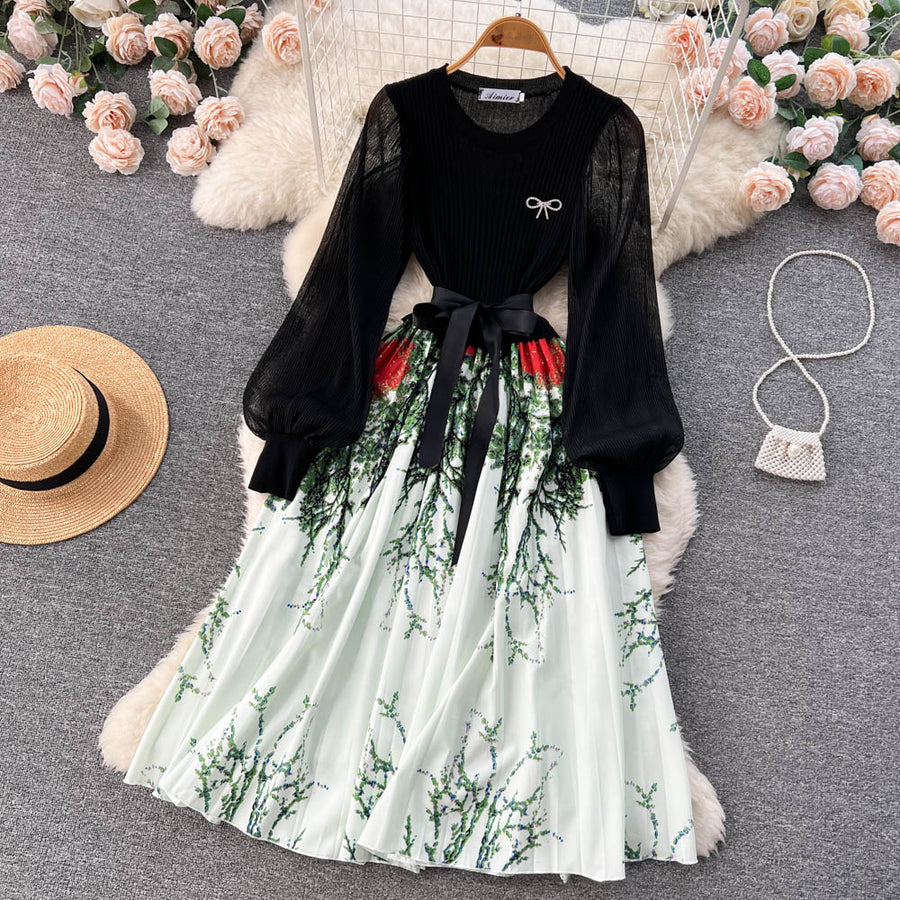 High Quality Flower Print Knitted Mesh Stitching Lantern Sleeve Pleated Dress