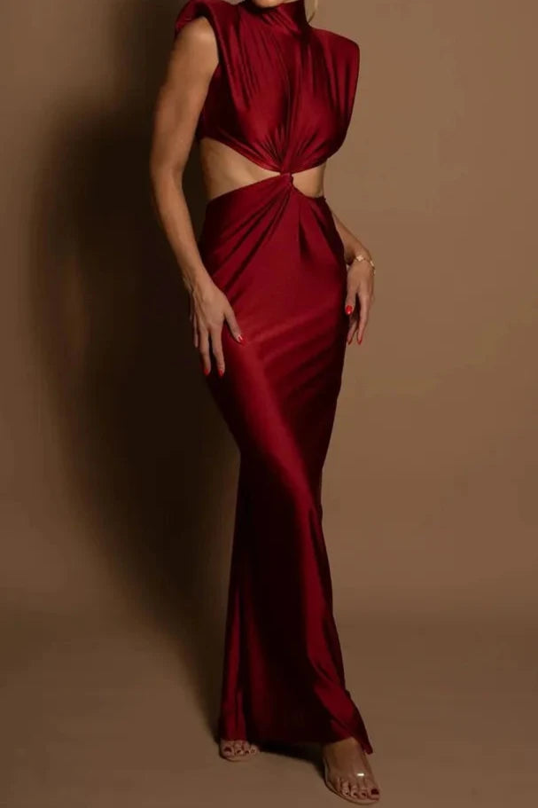 High Quality Plain Sleeveless Bodycon Hollow Out Turtleneck Sexy Long Dress