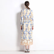 Vintage Flower Print Long Dress Stand Collar Flare Sleeve Loose Waist Lace Up Belt Buttons High Quality