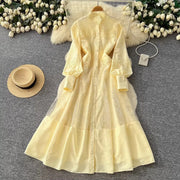 Fashion Women's Embroidery Dresses Stand Collar High Waist Lantern Sleeve Lace Spliced Long Sleeve Elegant Dress Female