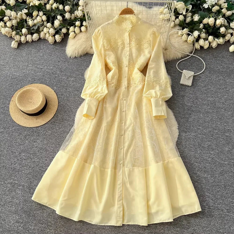 Fashion Women's Embroidery Dresses Stand Collar High Waist Lantern Sleeve Lace Spliced Long Sleeve Elegant Dress Female