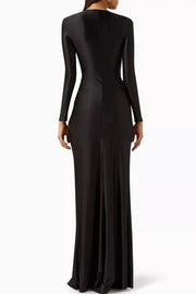 Women's Solid Color Pleated Split Front Tied Waist Bodycon Long Sleeves Deep V Neck Maxi Party Dresses