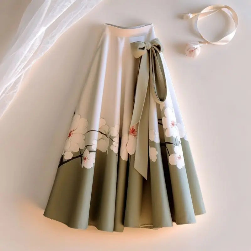 Loose and versatile mid-length skirts with floral print and high-quality bows