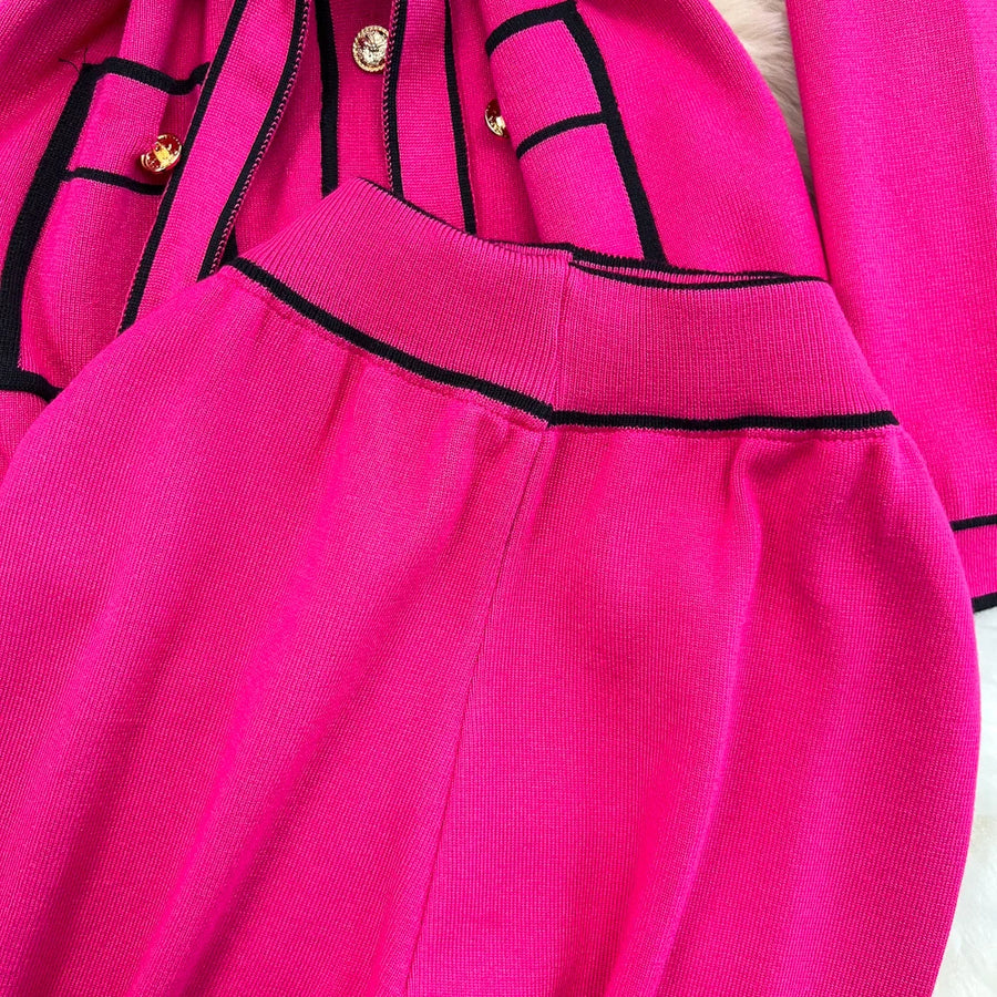 Women's Two-Piece Set Long-Sleeved Lace-up Waist V-Neck Mid-Length Knitted Cardigan Coat + Wide-Leg Pants
