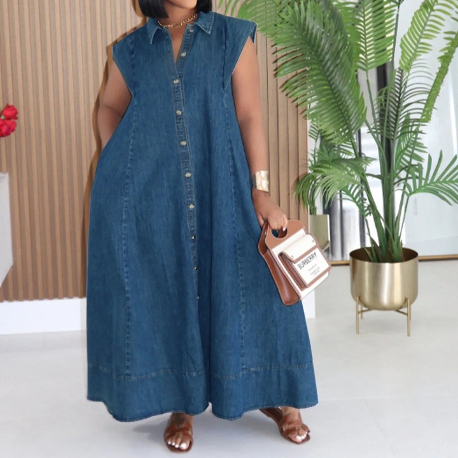 Long Dress Women Denim Dresses A Line Vestidos  Streetwear Turn Down Collar Sleeveless Elegant Casual Loose