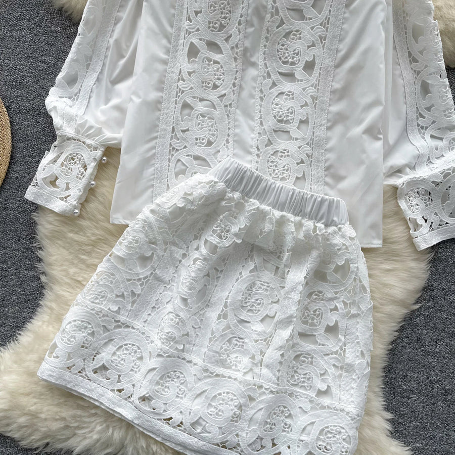 Retro Two Piece Set Hollow Out Long Sleeve Shirt+High Quality Mini Skirts