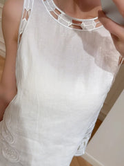 Female New High Waist Linen Sets Thin Pant Outfits O-Neck Elegant Sleeveless Tops Hollow-Out Embroidery Women Two-Piece Vest Set
