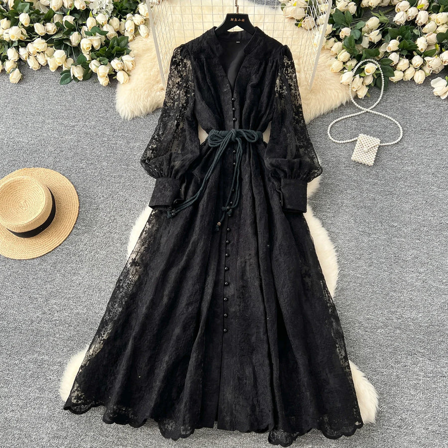 High-end vintage elegant V-neck long-sleeved dress