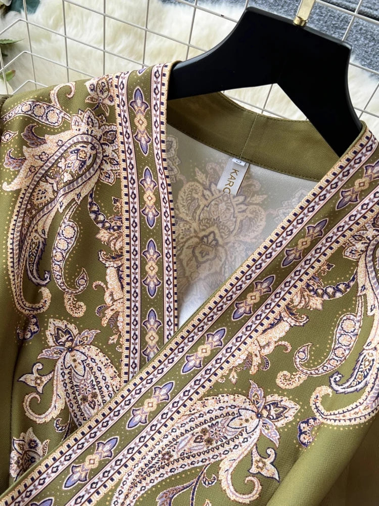 High-quality paisley print patchwork wrap puff sleeve maxi party dress