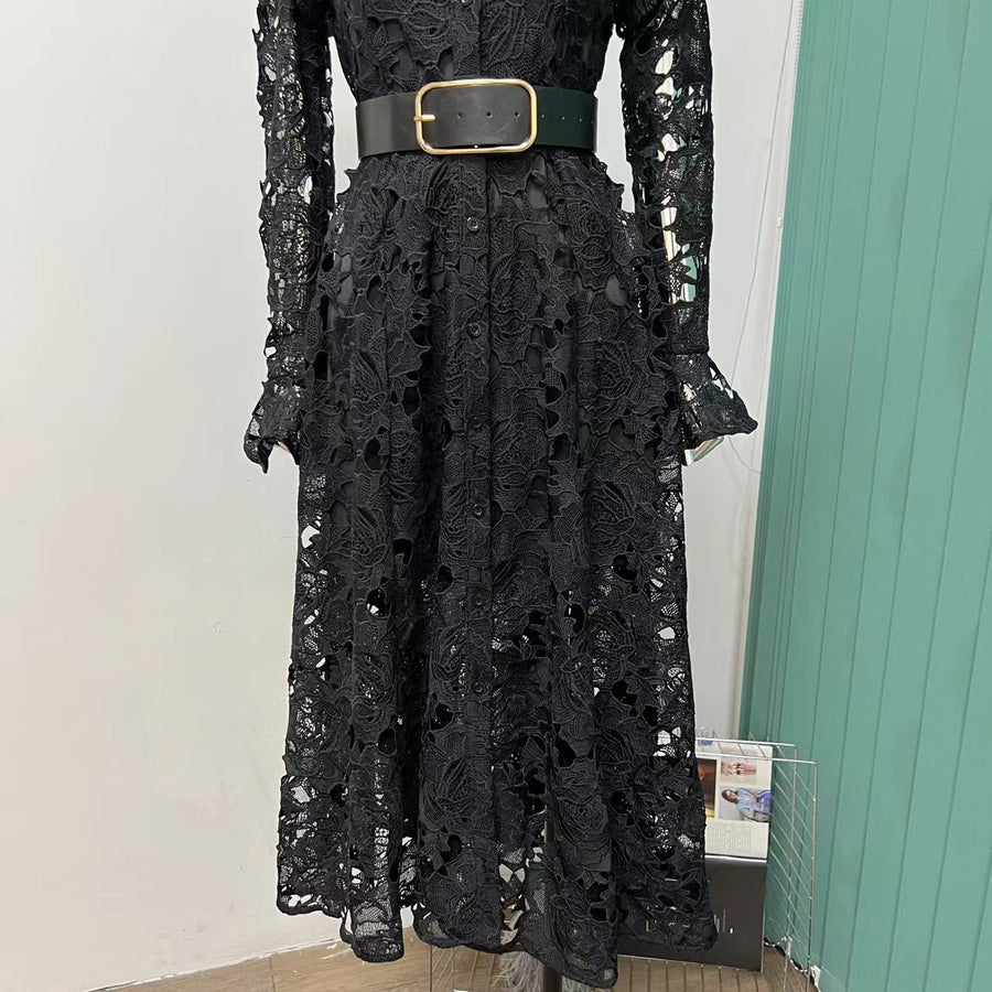 High quality French temperament water soluble lace single-breasted hollow long-sleeved dress